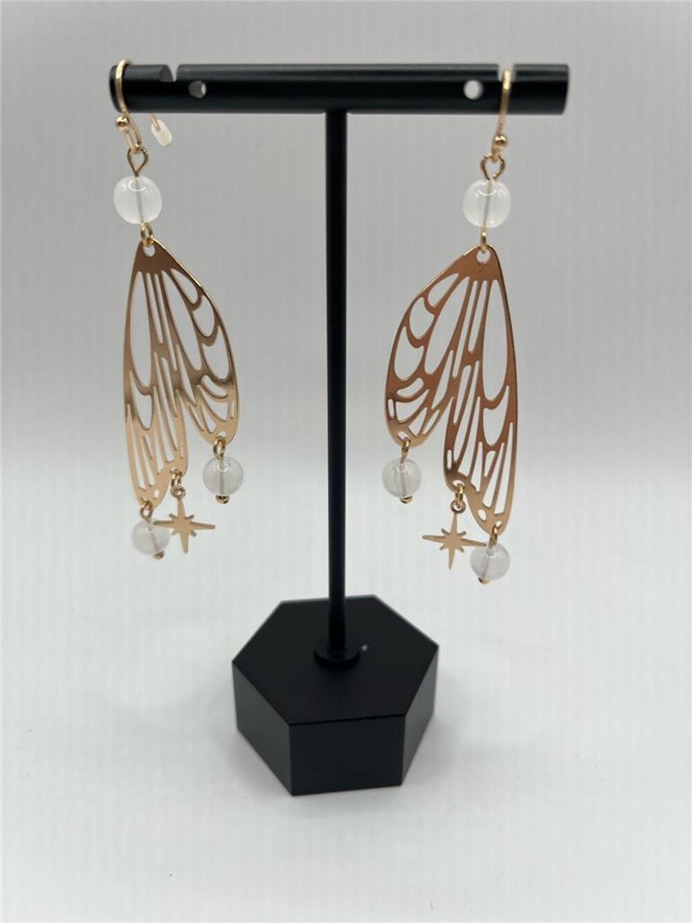 Rose Quartz Bead Butterfly Wing Gold-tone Earrings